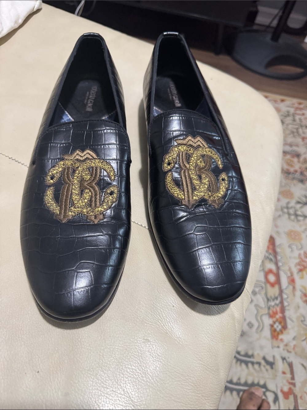 Roberto Cavalli Black Croc-Embossed Loafers with Gold Crest Embroidery